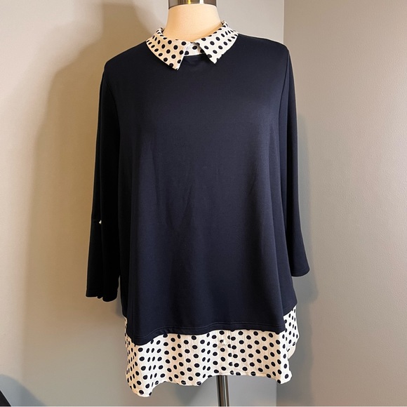 Faith and Joy by Monteau Size 2X Navy Roll Tab Polka Dot Blouse Top - Picture 12 of 12